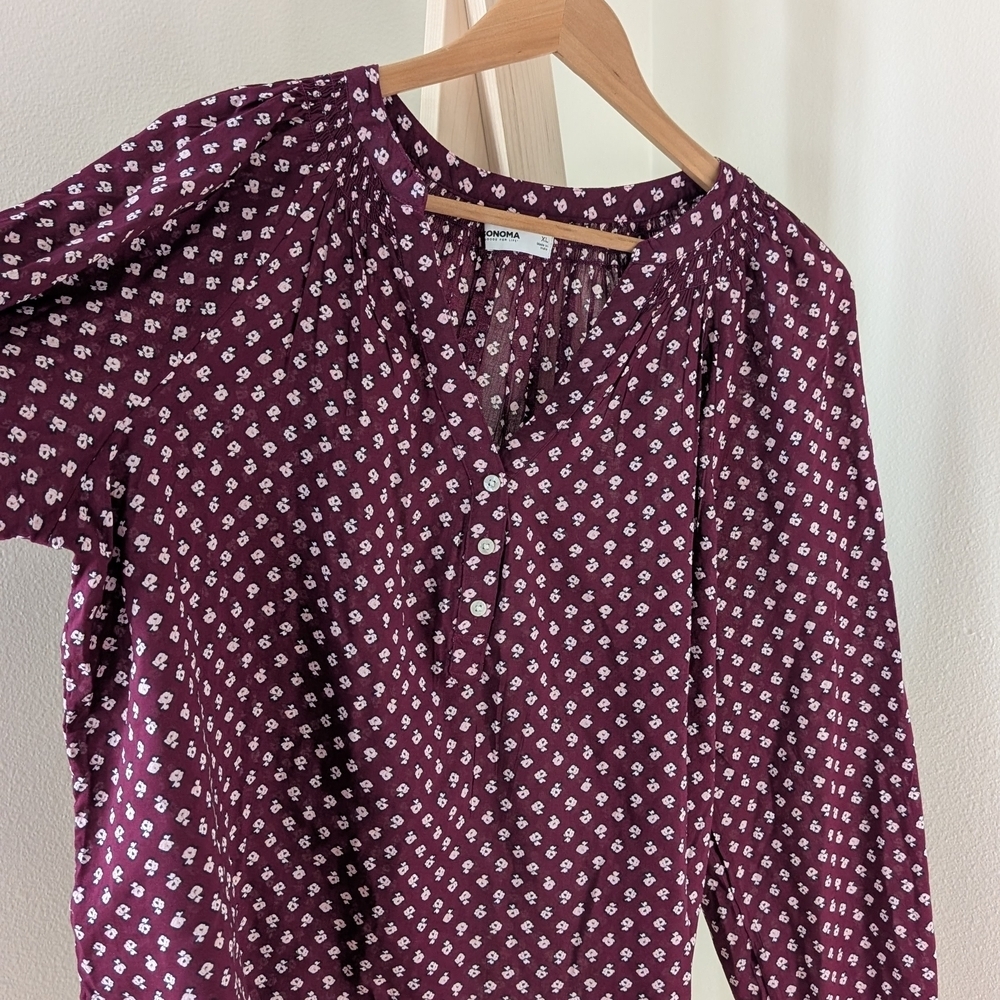 Floral Smocked Wrist Henley with 1/4 Button Down Closure In Plum - Picture 5 of 8